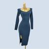 Export Single Fashion Wind Pure Color Split Long Sleeve Slim-Fit Figure Flattering Sheath Mid-Length Knitting Dress Sweater Female