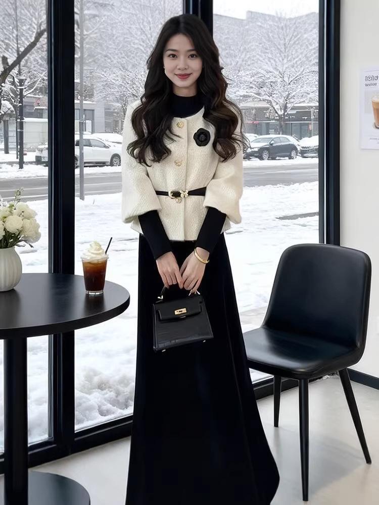 Women's Winter Three-Piece French Coco Style: Regular Shoulder Jacket, Fitted Knit Top, Waist-Cinched Skirt