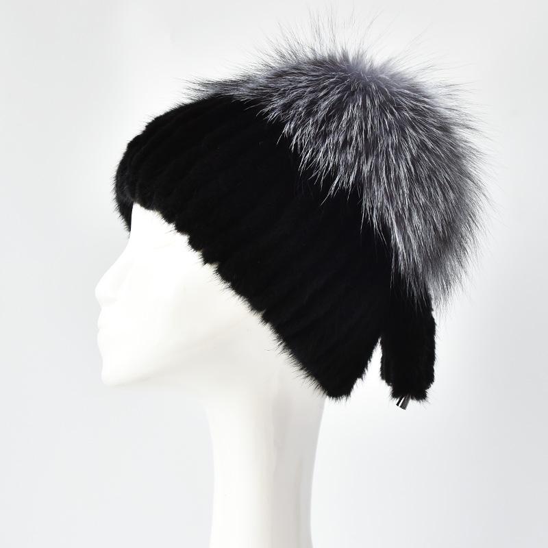 Natural Mink Fur Hats for Women Winter Hand Woven Fur Tail Fox Fur Knit Caps Fashion Design Warm Female Ski Beanie