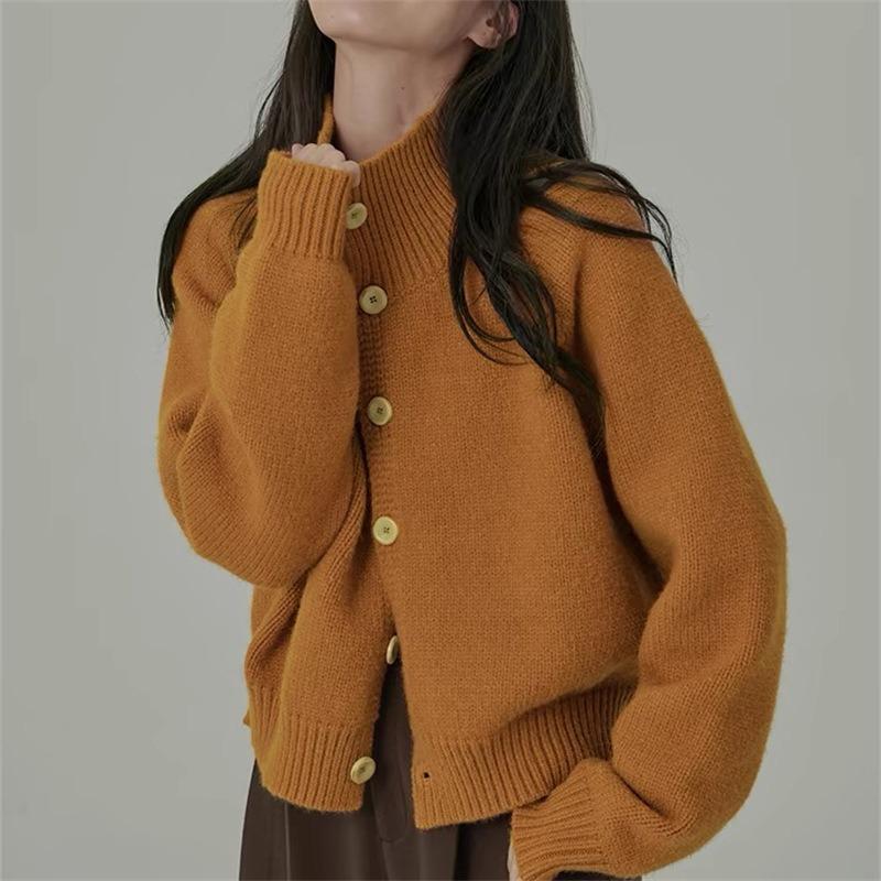 Autumn and Winter New Retro Soft Waxy Knitted Cardigan Top Women's High Neck Loose Lazy Style Solid Color Sweater Jacket