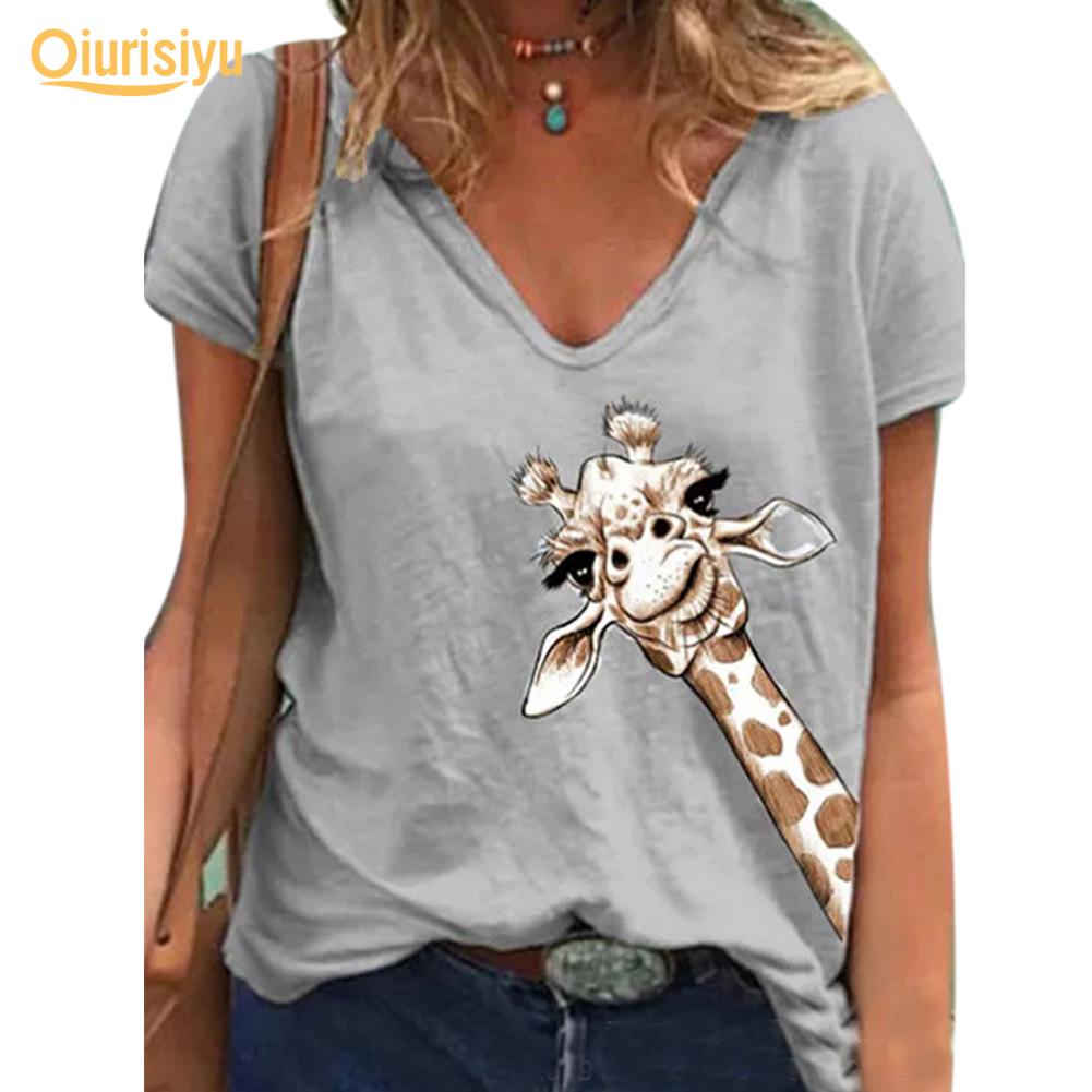 V Neck Giraffe Print Cotton T-shirt 