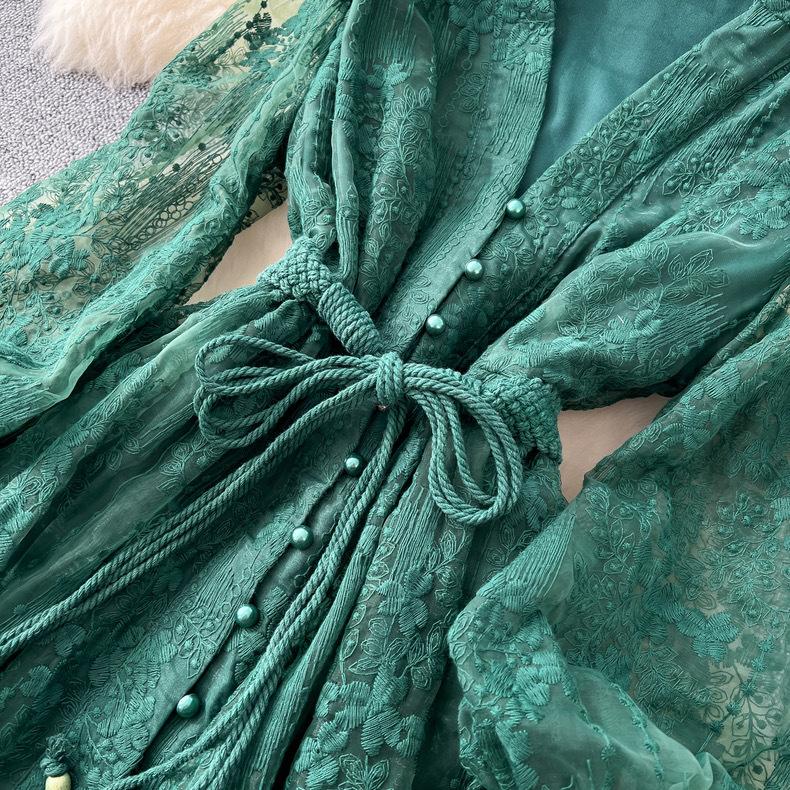 Francia Vintage Ricamo Abiti Formali Donna Estate Autunno Manica Lunga a Lanterna Pizzo Perla Ballo Serale Compleanno Abito da Festa
