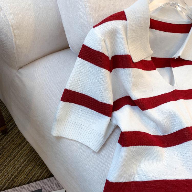 Damen Gestreiftes V-Ausschnitt Kurzarm Eisseide Stricktop