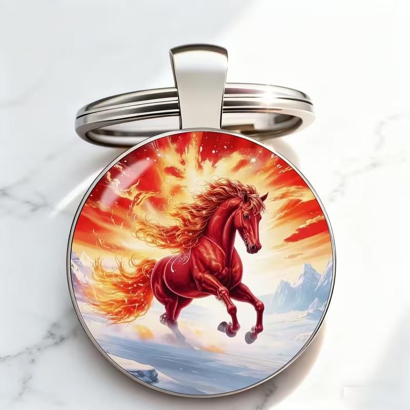 2026 Horse Year Design Dome Glass Alloy Keychain Zodiac Pony Pattern Pendant Backpack Hanging Decor Car Keyring New Year Gift