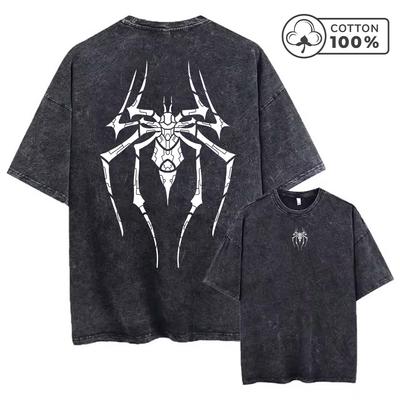 Mens Retro Washed TShirt Summer Fashionable Creative Mecha Spider Print Pure Cotton Short Sleeve Fitness Commuter Trendy Top