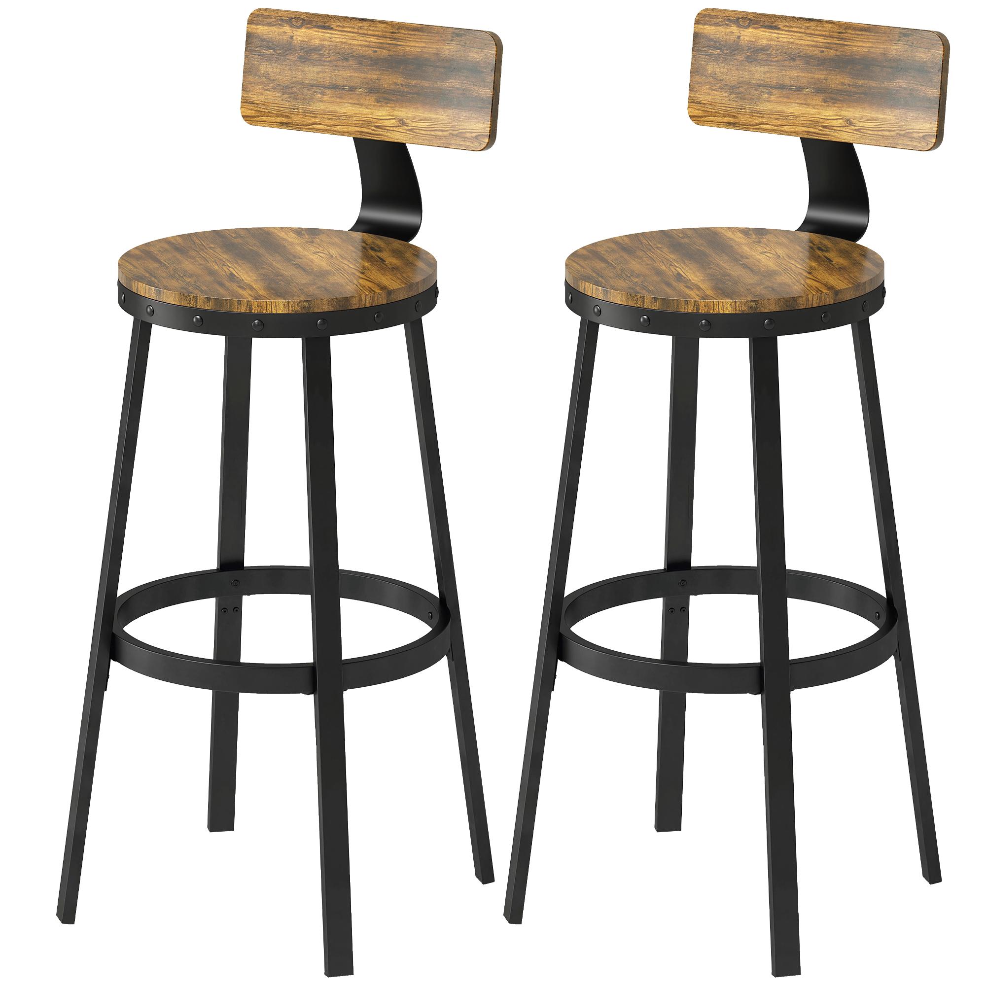 Ensemble 2 Tabourets de Bar Style Rustique Avec Repose-pieds En Bois et Métal 37x47x96 Cm Marron