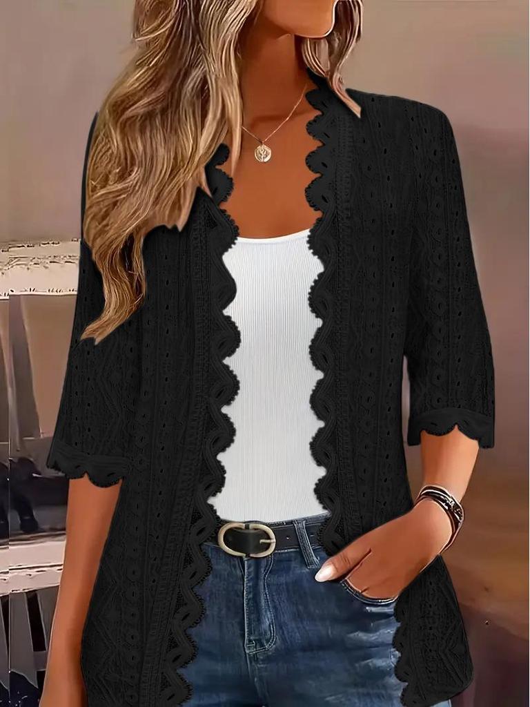 2025 Women's Mid-Sleeve Knit Cardigan with Lace Collar - Fashionable and Versatile Outerwear