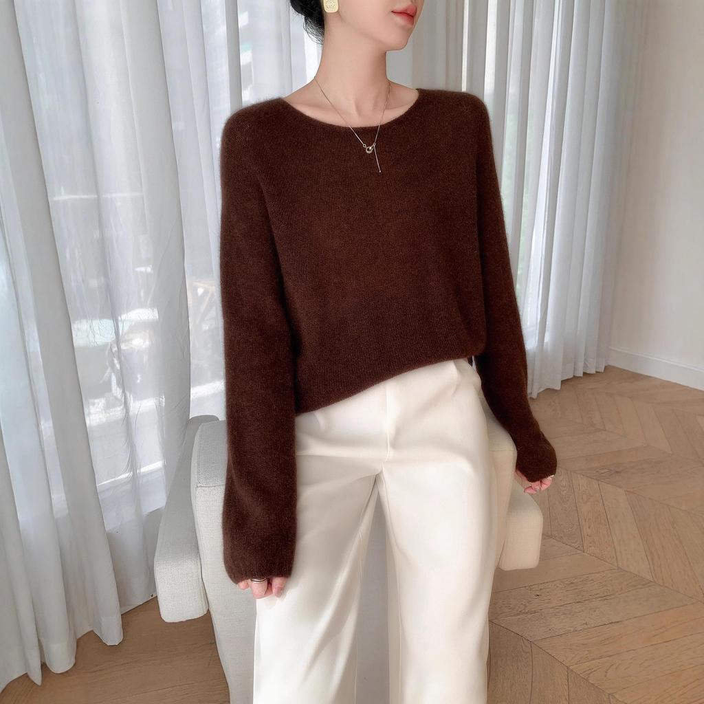 Elegant One-Shoulder Mulberry Silk Cashmere Sweater for Women - Slimming Autumn/Winter Knit Base Layer