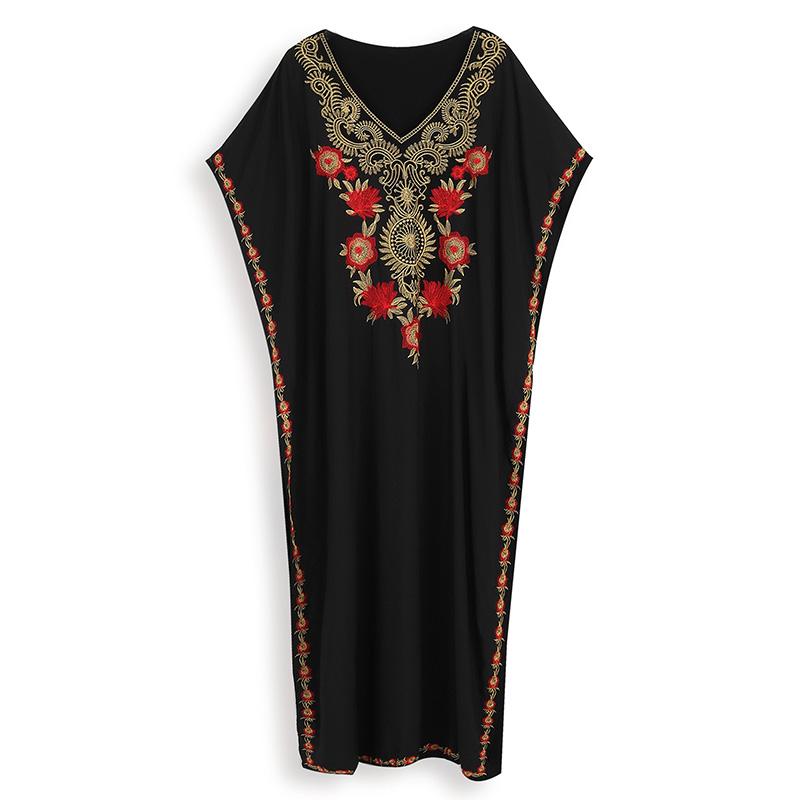 EDOLYNSA Black Vintage Embroidered Long Kaftan Casual V-neck Maxi Dress Summer Clothes Women Beach Wear Swim Suit Cover Up Q1490