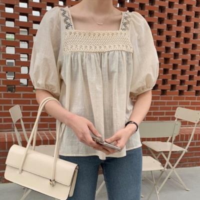Chic Sommer Sonnencreme Shirt Frauen Square Neck Puff Sleeve Puff Sleeve Patchwork Spitze Bluse Frau Fashion Solid Lose Vintage Blusen 24141