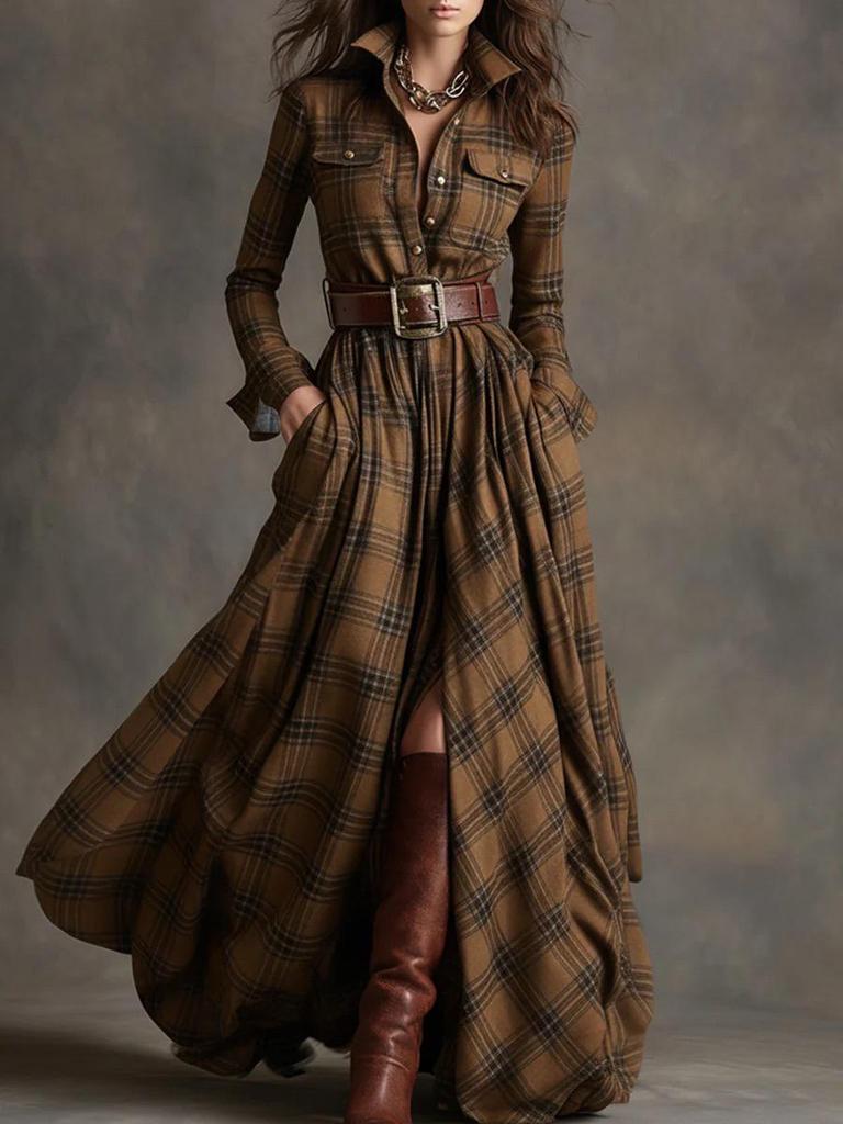 2026 European & American Women's French High-End Retro Plaid Dress with Belt