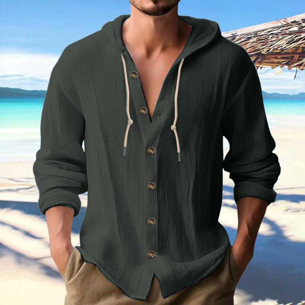 Mens Fashion Casual Solid Color Simple Casual Button Hooded Shirt Top Casual Commuting Short Sleeved Shirt
