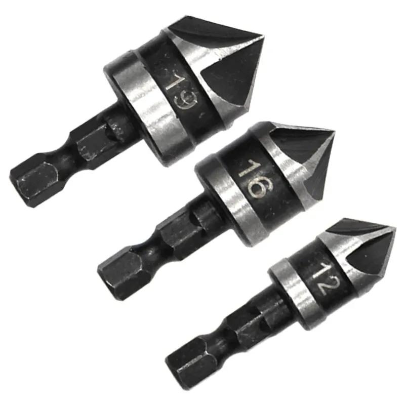 3PC Hexagonal Shank 90 Degree Black Five Blade Chamferer 12/16/19mm Countersink Drill Woodworking Hole Opener Tool Set