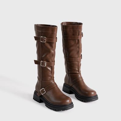 Damenstiefel für Herbst und Winter, neue Stiefel mit dicker Sohle, dickem Absatz, Mittelsohle, runder Zehenpartie und Gürtelschnalle, kniehohe Ritterstiefel
