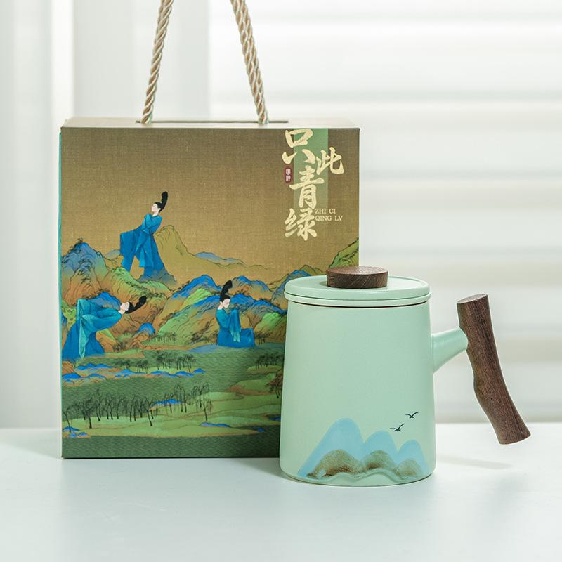 Ceramic Tea Water Separation Tea Cup Office Cup Mug High Value Cup Wooden Handle Water Cup Tea Cup Gift