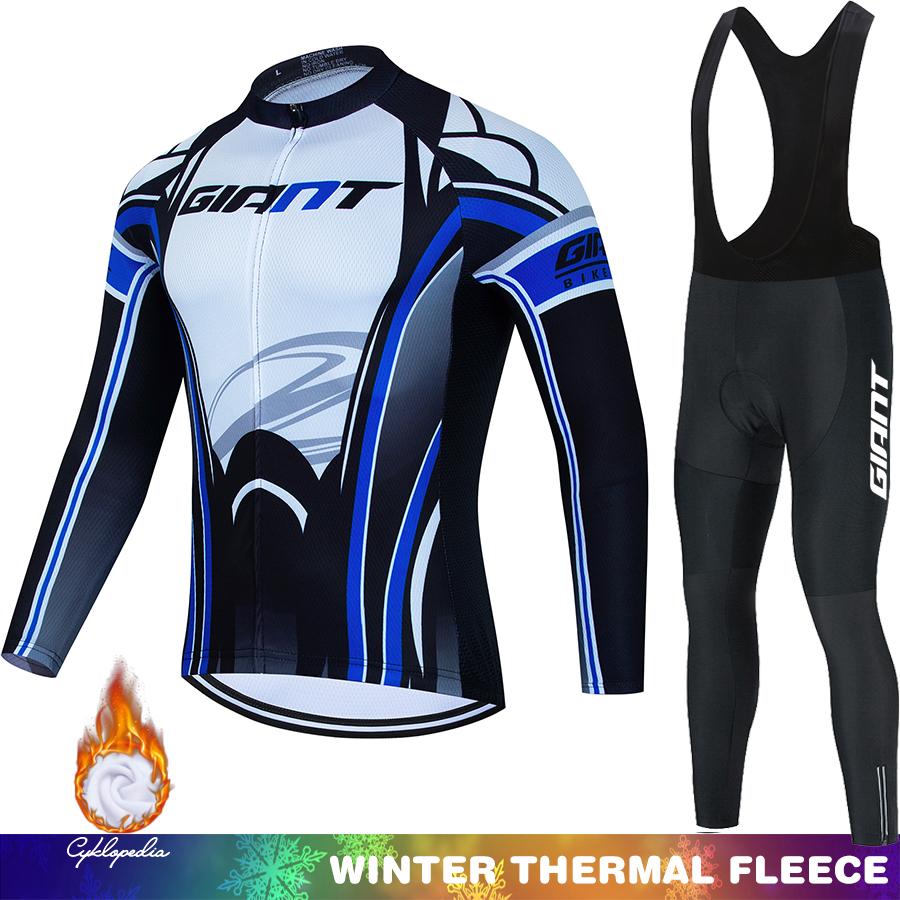 Retro Radtrikot Winter Fleece GIANT Fahrradkleidung Thermosuit Mann Herren Träger Sportbekleidung Set Outfit Termal Rennrad Räder
