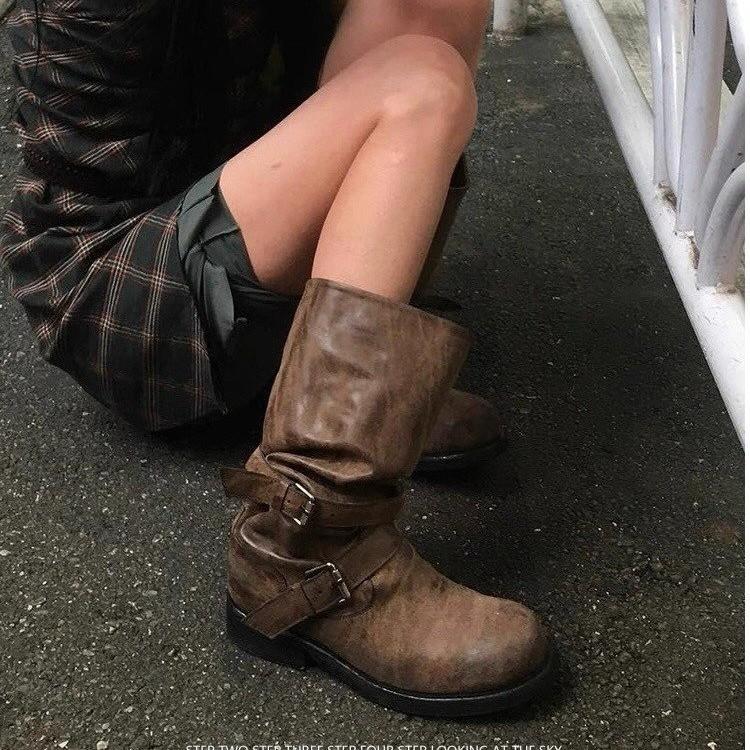 

Version Double Wear Soft Leather Thick-soled Double Buckle Retro Belt Buckle Rub Colored Boots Women s Spring High Boots Knight Boots 40 коричневый