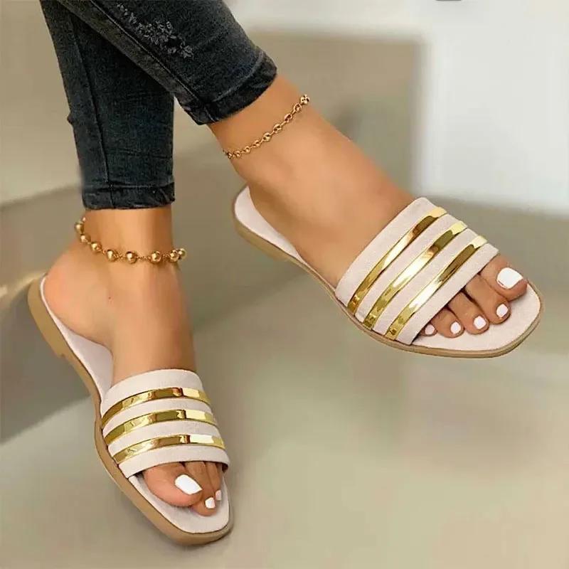 Women Slippers 2024 New Metal Striped Summer Flat Shoes Fashion Slip On Slides Outdoor Female Casual Women Sandals Plus Size 43