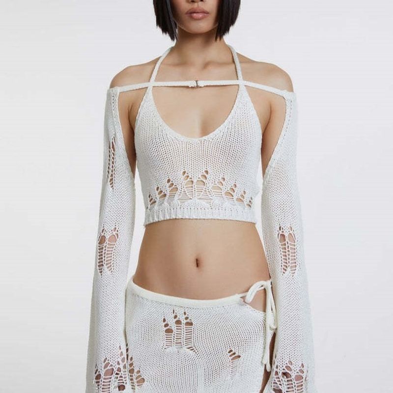 

American Women s Clothing off-Shoulder Long Sleeves Cutout Blouse Sexy Waist Hollow-out Vest Spaghetti Straps Knitted Short Skirt Three-Piece Set Suit White L