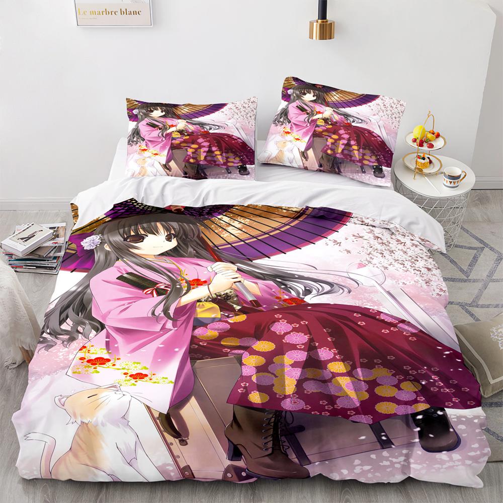 Kawaii Girl Bedding Set Single Twin Full Queen King Size Anime Girl Bed Set Aldult Kid Bedroom Duvetcover Sets 3D Pr Twin S