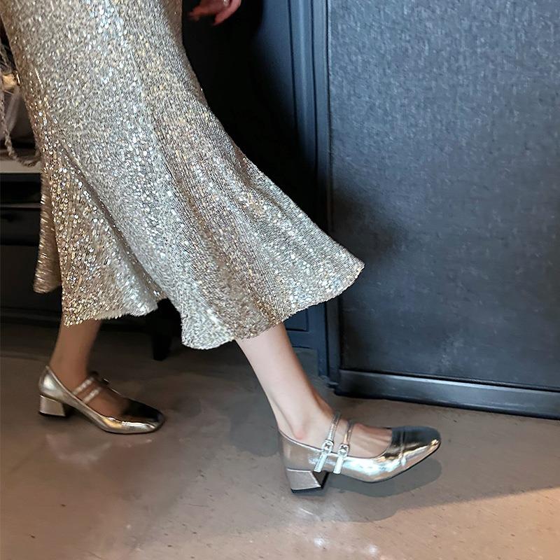 Sheepskin Version Silver Thick Heel Mary Jane Shoes Women's New Square Head Light Mouth One-word Buckle Strap Single Shoes Women's High Heels