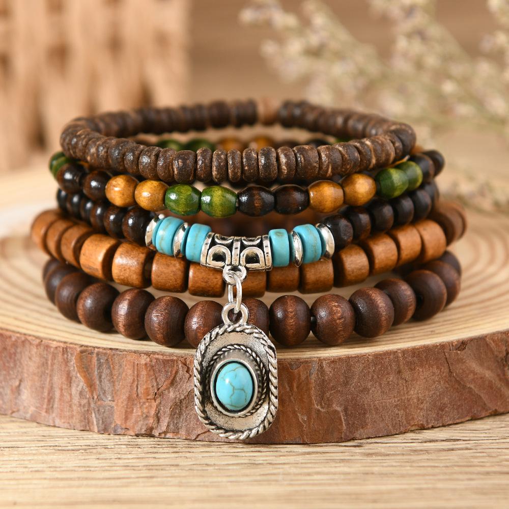

Элегантный бирюзовый браслет в стиле бохо для женщин, многослойный комплект украшений из натурального камня и дерева для мужчин, праздничные украшения Five-piece wooden bead bracelet
