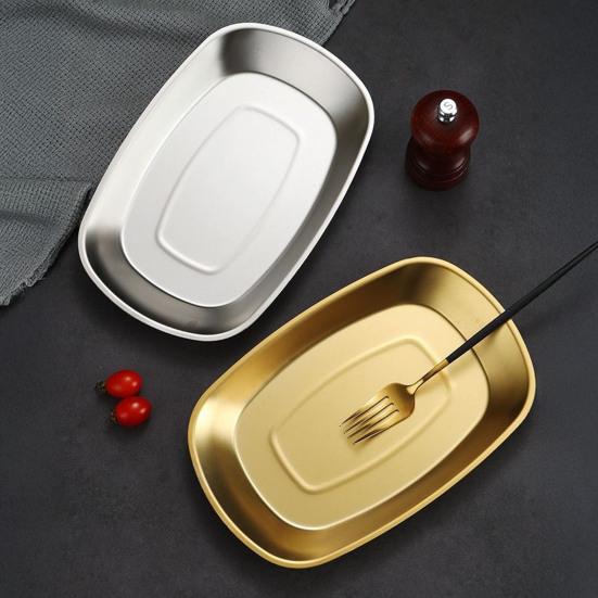 Korean Stainless Steel BBQ Grill Pan Gold/Silver Rectangular Tray for Hot Pot Nordic Dish for Meat Seafood Sushi