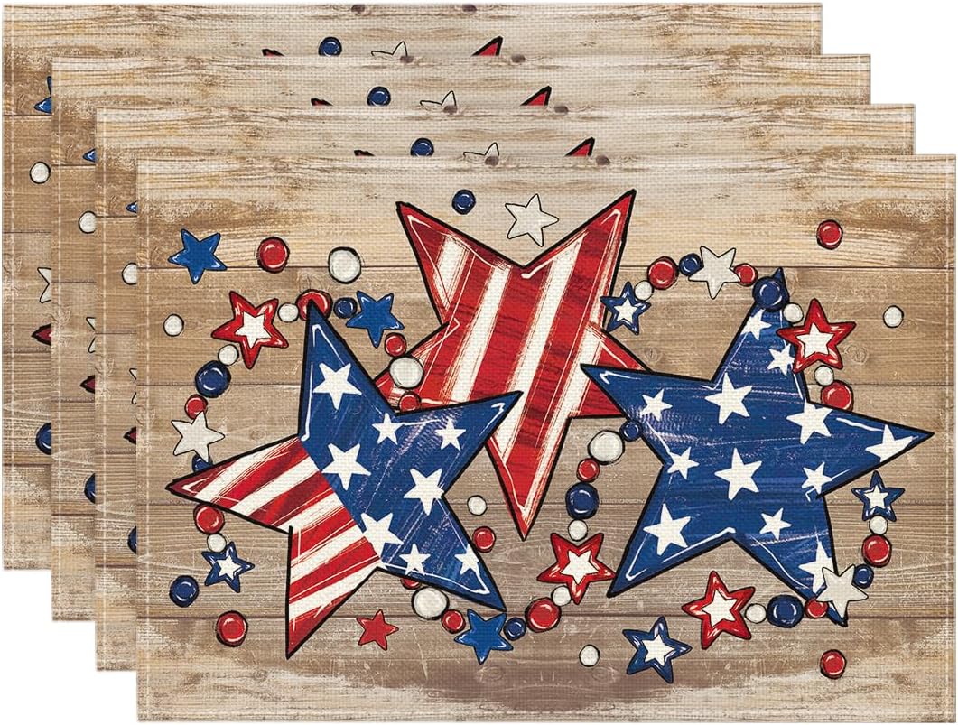 

Wood America Beads Stars Patriotic 4th of July Placemats Set of 4, 12x18 Inch Memorial Day Table Mats for Party Kitchen Dining Decoration 4pcs-12x18
