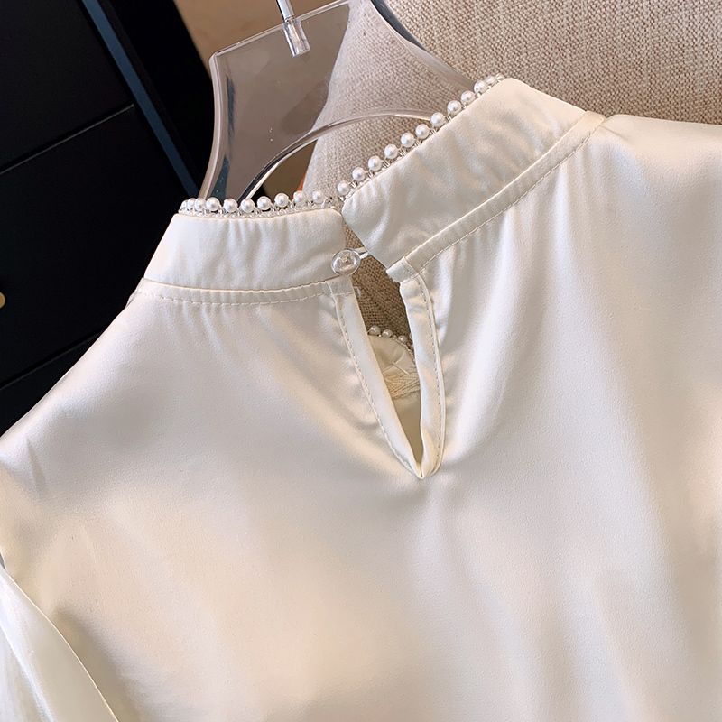 Embroidered Beads and Buckles Modified Cheongsam Satin Long-sleeved Shirt