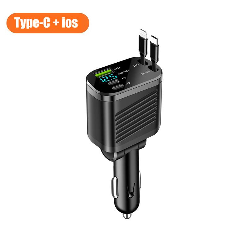 NEW 5-IN-1 150W Retractable Car Charger Mobile Phone USB PD Type C Cable For iPhone Fast Charge Cord Cigarette Lighter Adapter Car Accessories