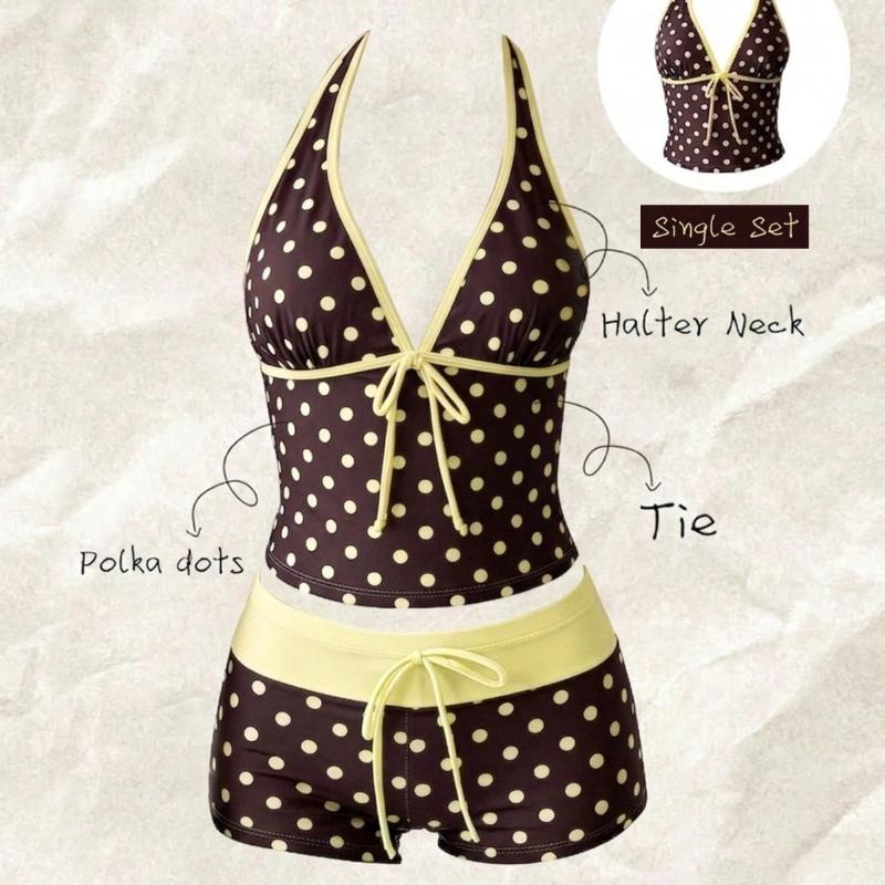 Dames Badkleding Stippen 2-delige Tankini Set Halter V-hals Voorkant Knoopband Cami Top & Contrasterende Tailleband Trekkoord Zwembroek
