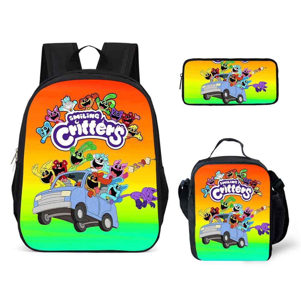 Smiling Critters Cartoon Backpack Shoulder Bag Pencil Case 3-Piece Set, Kids School Bookbag