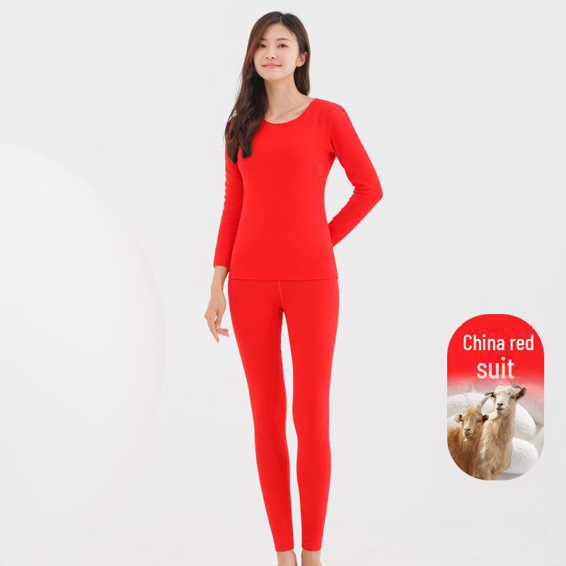 

Женский комплект термобелья из немецкого бархата: Высокоэластичный, утолщенный, бесшовный шелковый кашемир для осени и зимы. XL/165 китайский красный
