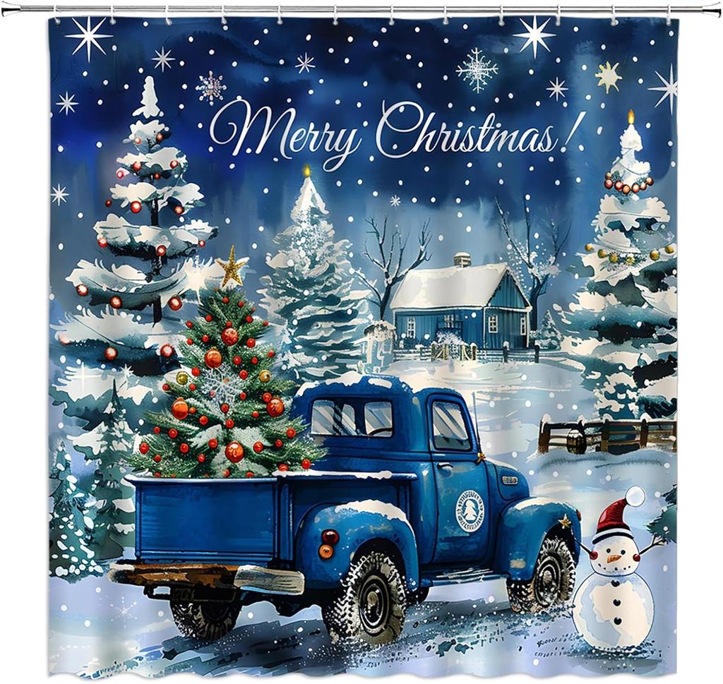 Christmas Shower Curtain Retro Farmhouse Rustic Horse Xmas Tree Winter Near Year Fabric Decorative Bathroom Curtains With Hooks