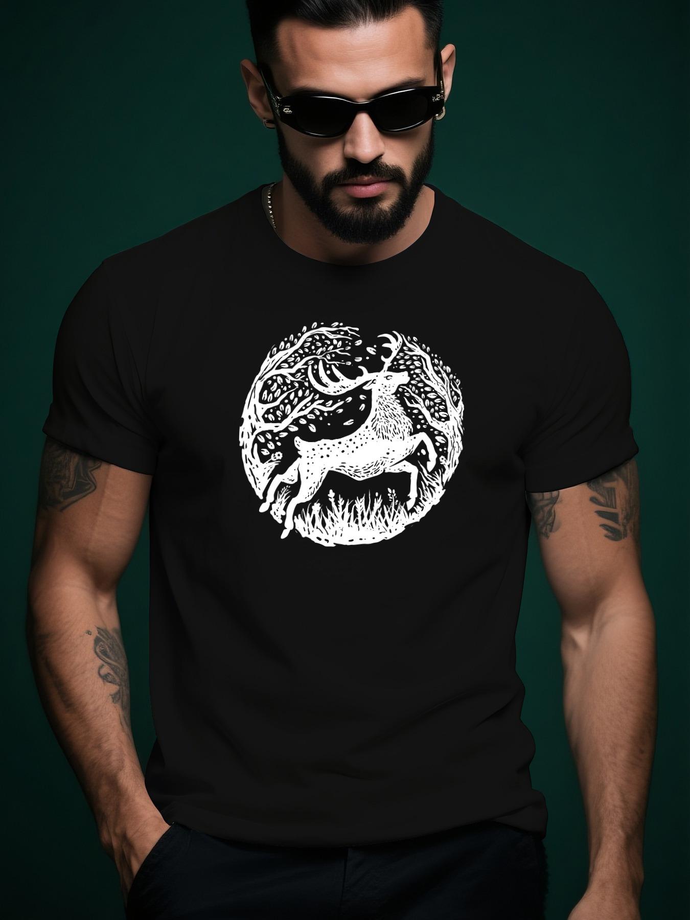 Short Sleeve Tshirt with Majestic Deer Graphic Print - Su... S