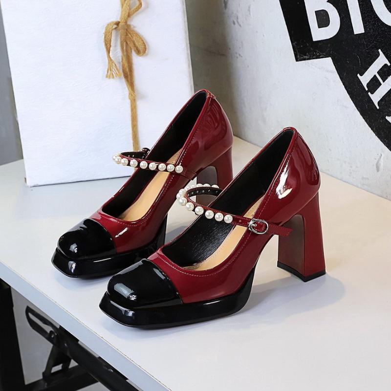 Banquet Mary Shoes Thick Heel Square Toe Color-Blocking Light Mouth Waterproof Platform Pearl One-Strip High Heel Single Shoes
