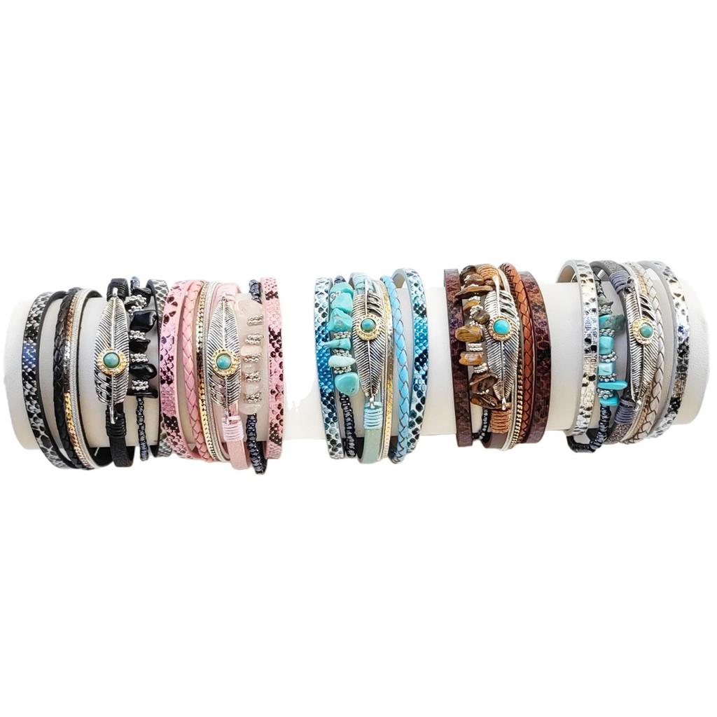 Bohemian Style Leather Bracelet with Crushed Stone and Plant Leaf Design
