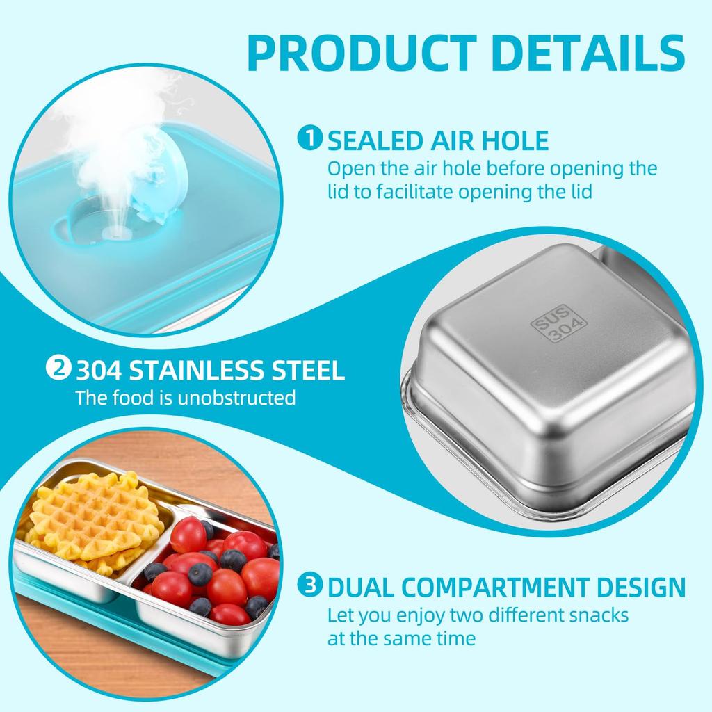 Stainless Steel Snack Containers, Grab and Go Snack Containers Reusable, Double Compartment Food Storage Containers with Lids