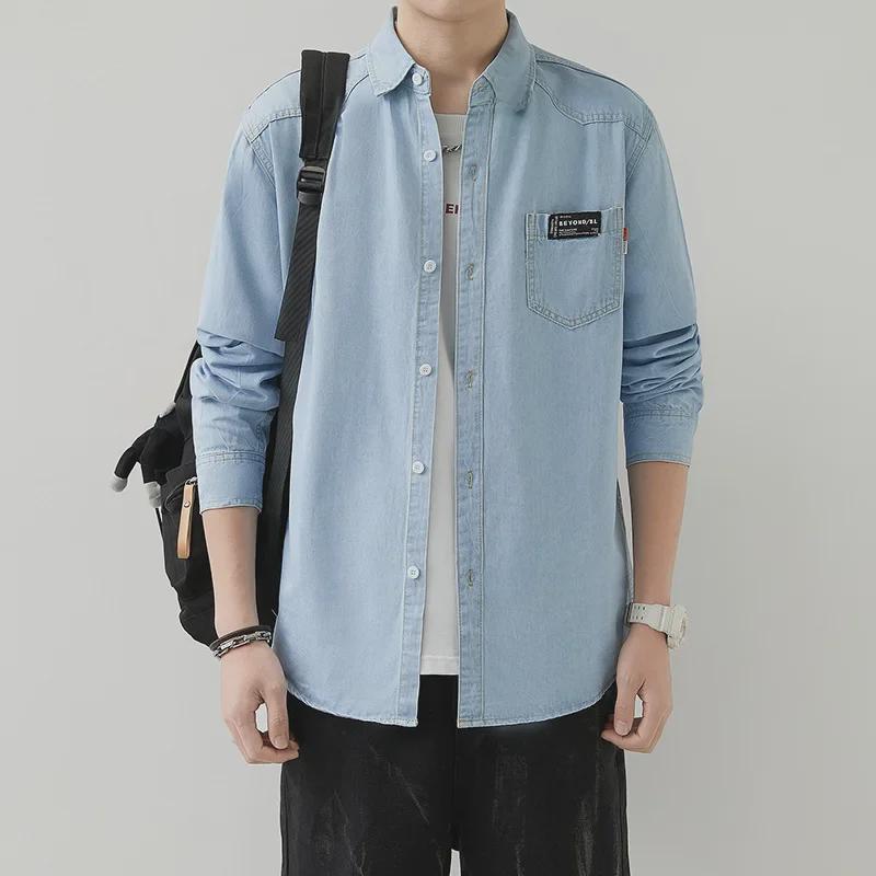 Men's Korean Slim Denim Shirt - Long-Sleeved, Lapel, Retro Style for Spring & Autumn