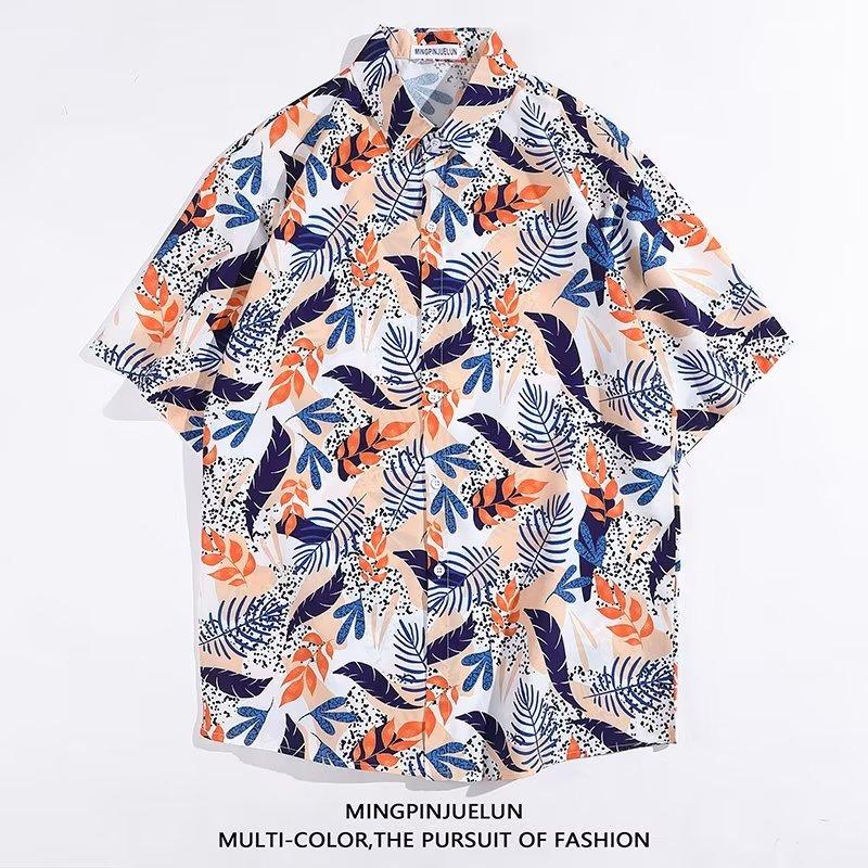 

Мужская уличная рубашка с красивыми листьями, кубинский воротник, гавайская рубашка, пляжные рубашки с коротким рукавом в японском стиле, топы для отдыха на море, мужская одежда