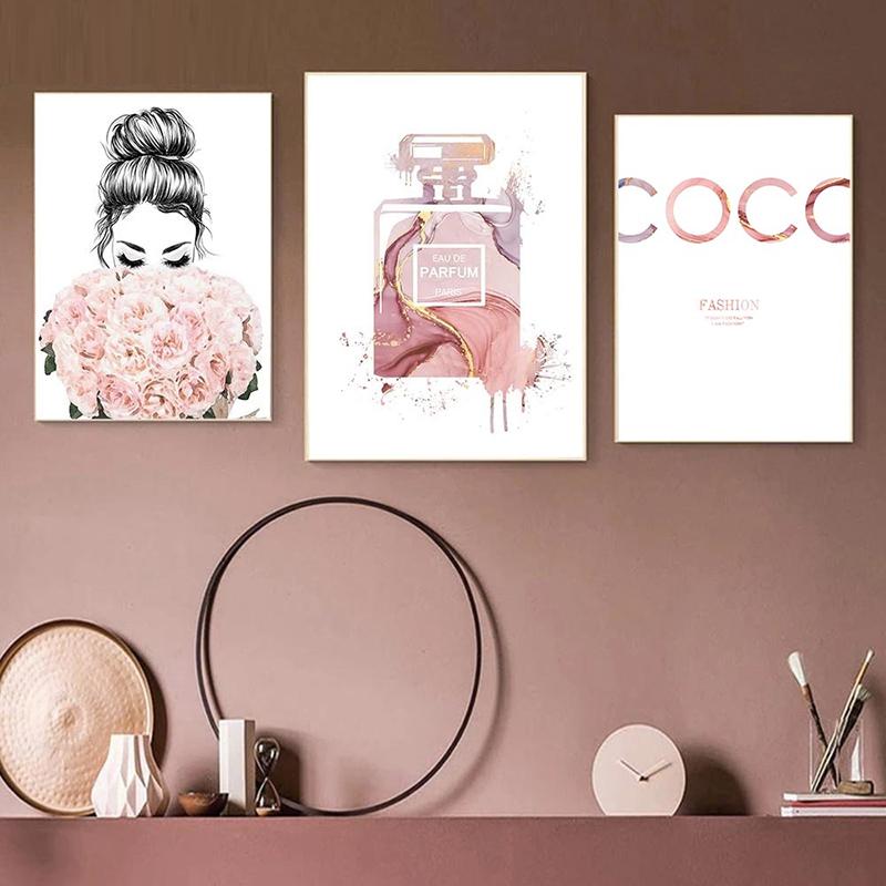 Nordic Pink Fashion Wall Posters Perfume Bottle Canvas Painting Lips Wall Art Modern Flower Print Pictures Girl Bedroom Decor
