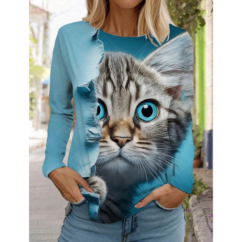 2024 Fashion Design Women's T shirts 3D Print Kawaii Cat Graphics Long Sleeve Crew Neck Regular Fit Spring/Fall Funny Sportwears