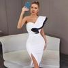 Color-Block One-Shoulder Ruffle Bandage Dress with Slit