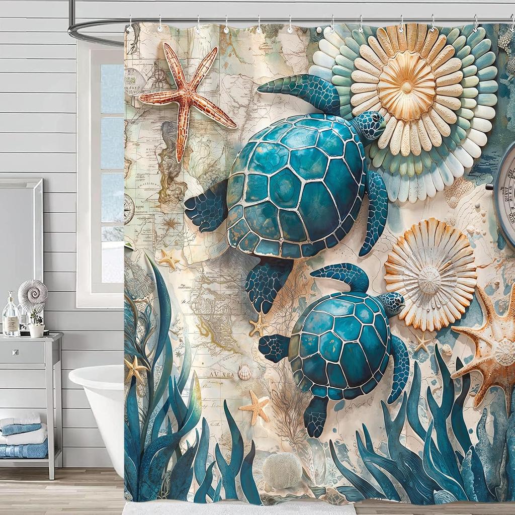 Sea Turtle Shower Curtain Ocean Map Starfish Shell Art Marine Life Design Beach Theme Bath Decor Waterproof Fabric