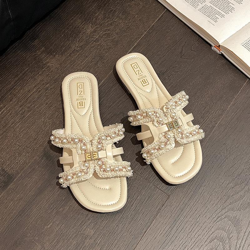 

Сяосянфэн шлепанцы на плоской подошве женские летние с чувством дизайна модные фея стиль мягкая подошва повседневные жемчужные шлепанцы через палец 40 розовый