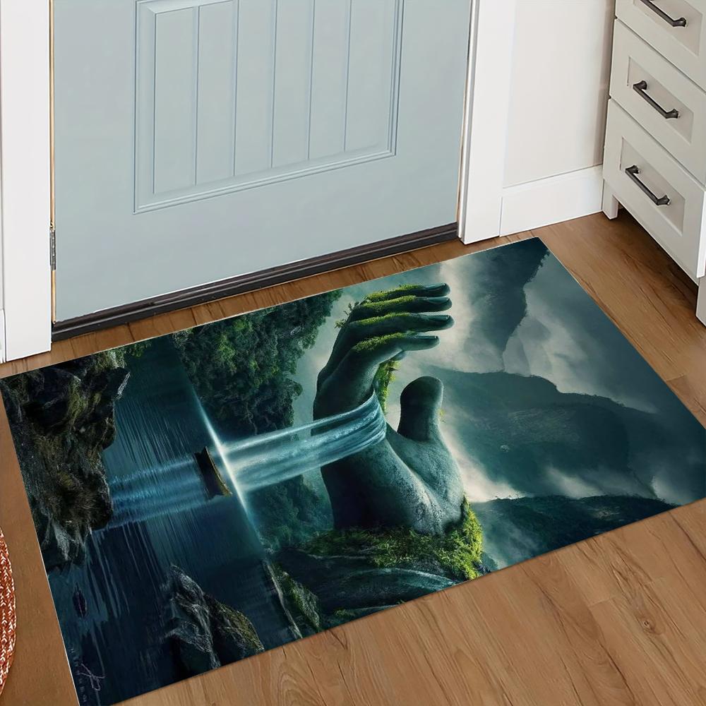 Vintage Wrecked Vehicle and Magical Landscape Pattern Door Mat 3D Visual Effect with Airplane Bus and Giant Hand Designs