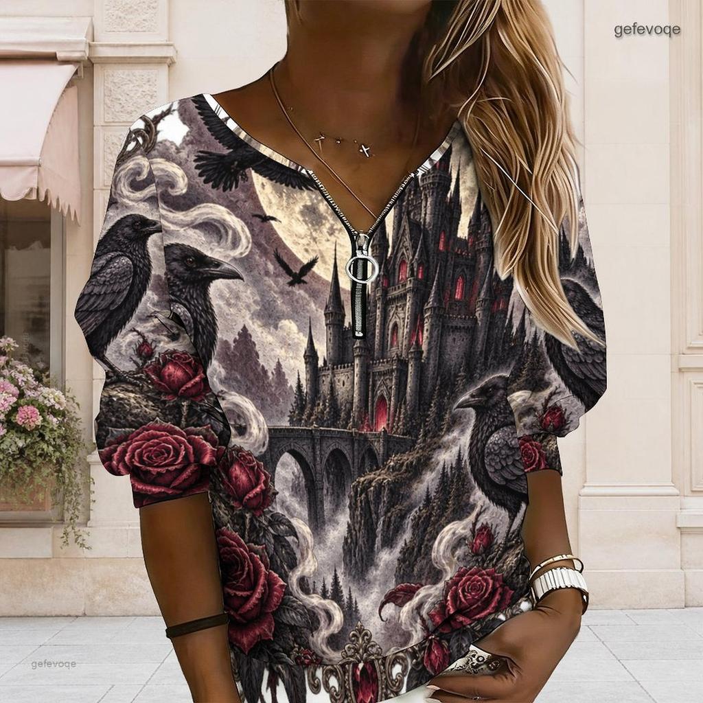 Women Plus Size V Neck Half Zip Long Sleeve Gothic Castle Raven Rose Printed Sweatshirt