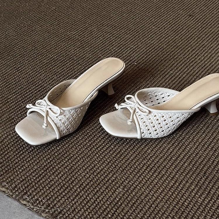 Sheepskin version~ Holiday style woven hollow sandals women's versatile bows one-word drag open-toed square head high heels summer