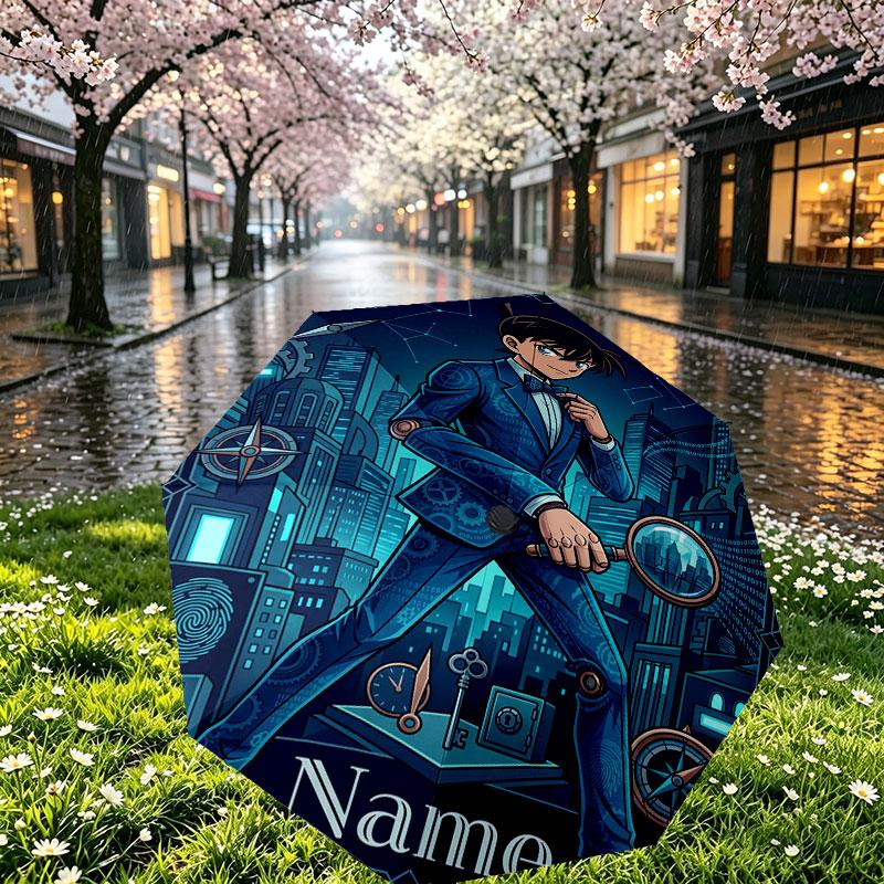 Custom Name Personalized Detective Conan Print Umbrella, Auto Open Close, 8‑Rib Sturdy Frame, Commute Camping Hiking Use, Birthday Gift