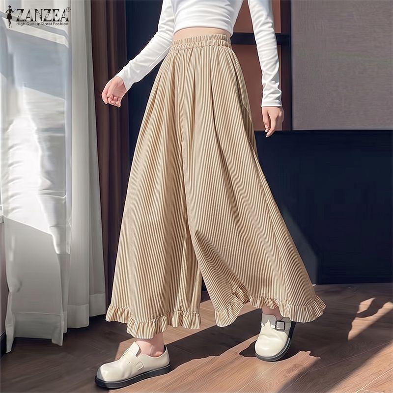 ZANZEA Women Casual Elastic Waist Loose Stripe Print Wide Leg Pants